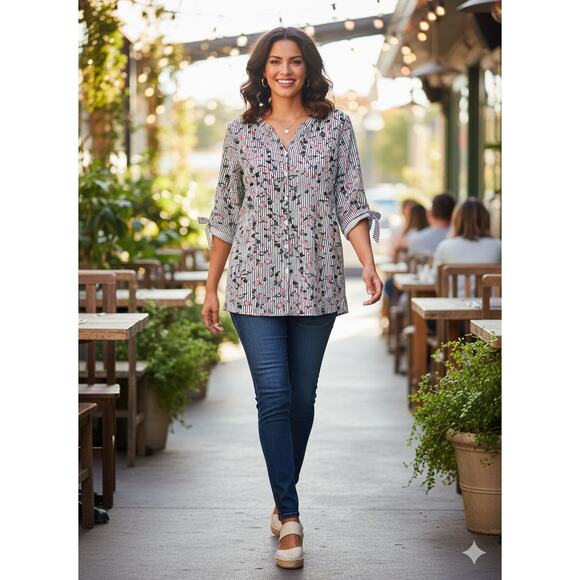 Catherines Womens 1X Feminine Bloomcore Preppy Artsy Floral Stripe Tunic Blouse - Picture 2 of 11